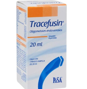 Oligometales endovenosos. Solución Inyectable Cada 100 ml. Contienen: Cloruro de Zinc 55.0 mg Sulfato cúprico pentahidratado 16.9 mg Sulfato de manganeso 38.10 mg Yoduro de sodio 1.30 mg Fluoruro de sodio 14.0 mg Cloruro de sodio 163.9 mg Cada frasco ámpula proporciona en electrolitos: Zinc 0.1614 mEq Cobre 0.0271 mEq Manganeso 0.0902 mEq Sodio 4.5493 mEq Sulfato 0.1172 mEq Yodo 0.0017 mEq Flúor 0.0666 mEq Cloro 0.7223 mEq Envase con 10 frascos ámpula de 20 ml.